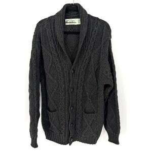 Aran Crafts Sweater Mens L Gray Cardigan Fishermans Cable Knit Merino Wool